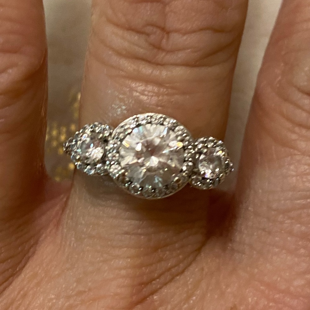 Stunning Round Halo Three Stone CZ Ring, Sterling Silver, Size 9